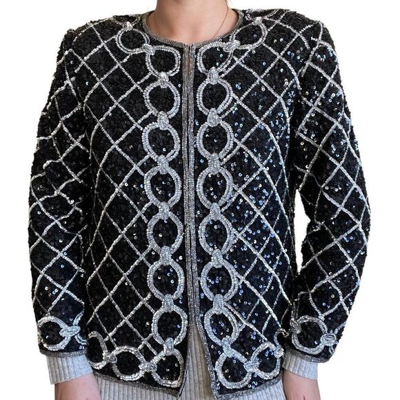 Vintage Womens 80s Silver Black Sequin Sparkly Geometric Silk Embroidered Blouse - Picture 4 of 8